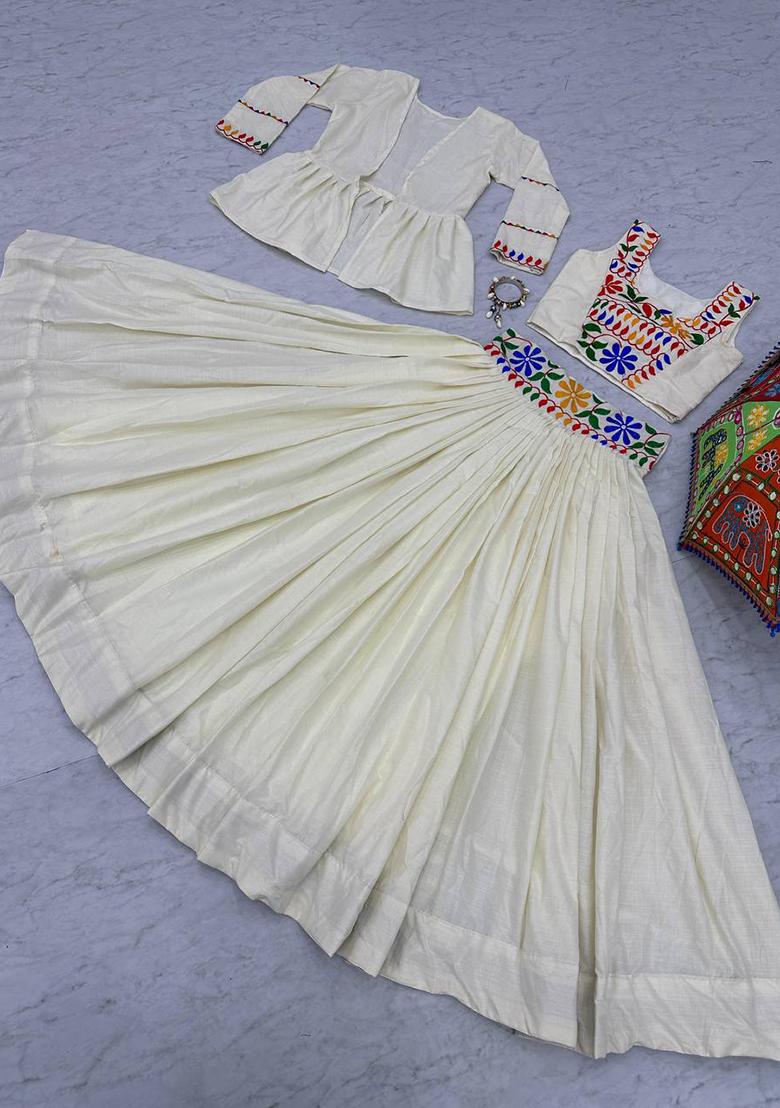 Cream Embroidered Cotton Lehenga Set With Dupatta