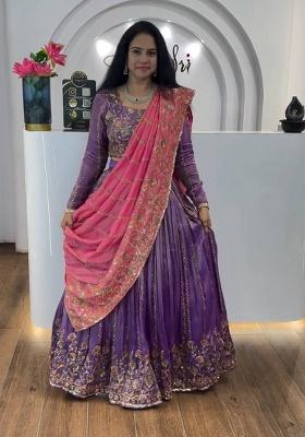 Lavender Embroidered Poly Blended Lehenga Set With Dupatta