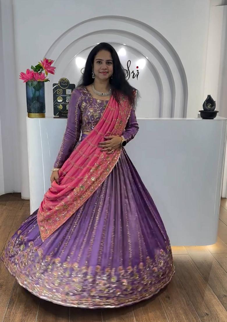 Lavender Embroidered Poly Blended Lehenga Set With Dupatta