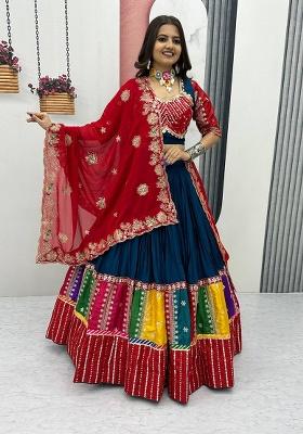 Teal Embroidered Cotton Lehenga Set With Dupatta