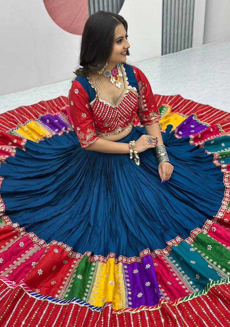 Teal Embroidered Cotton Lehenga Set With Dupatta