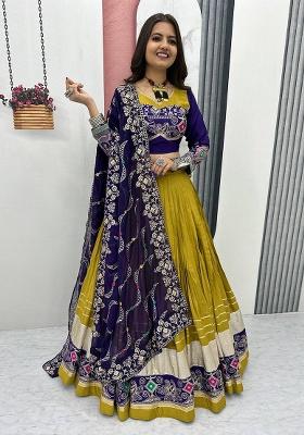 Yellow Embroidered Cotton Lehenga Set With Dupatta