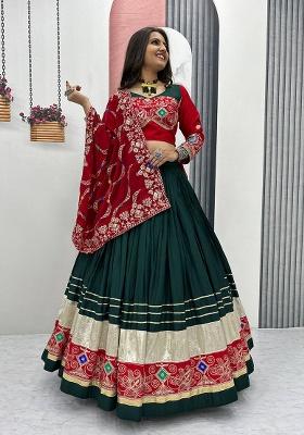 Red Embroidered Cotton Lehenga Set With Dupatta