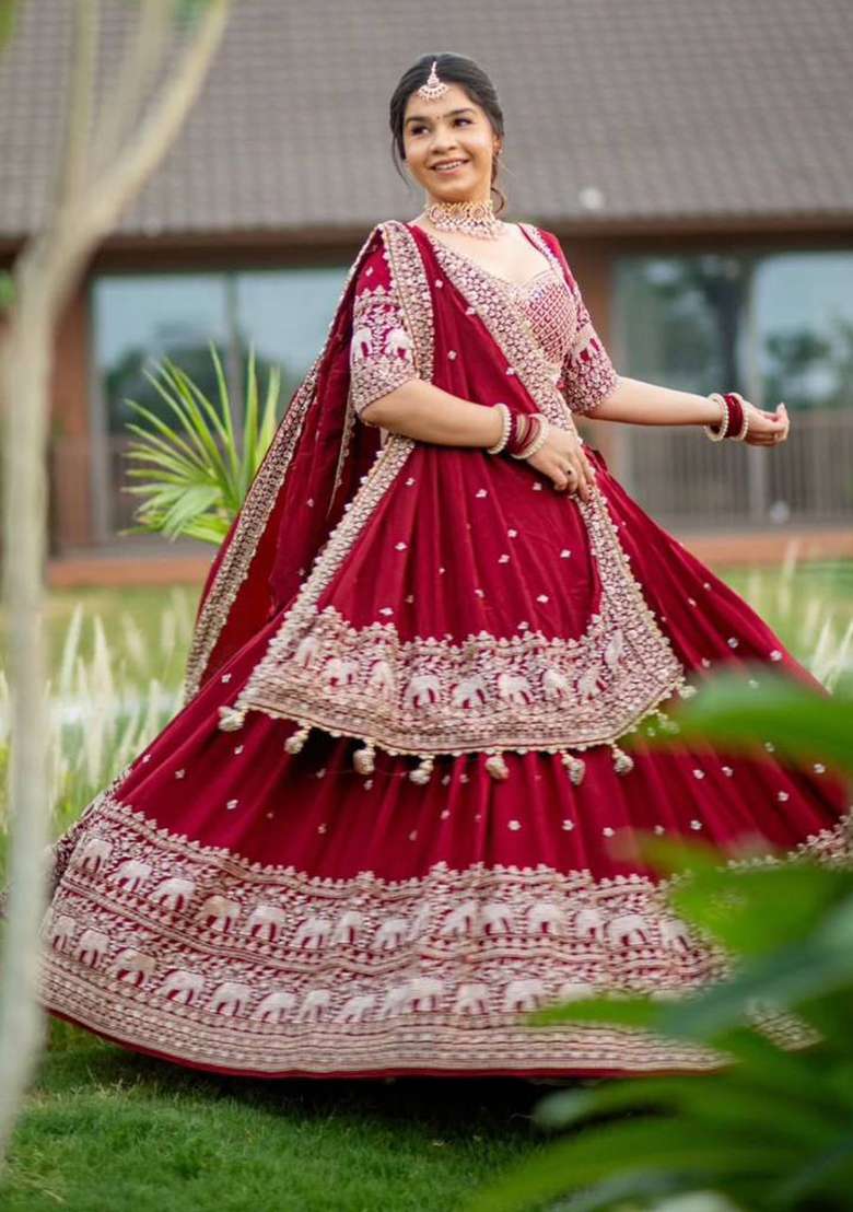 Maroon With Dupatta Georgette Lehenga Set with Embroidered for Diwali | Wedding & Festive Wear - Indya