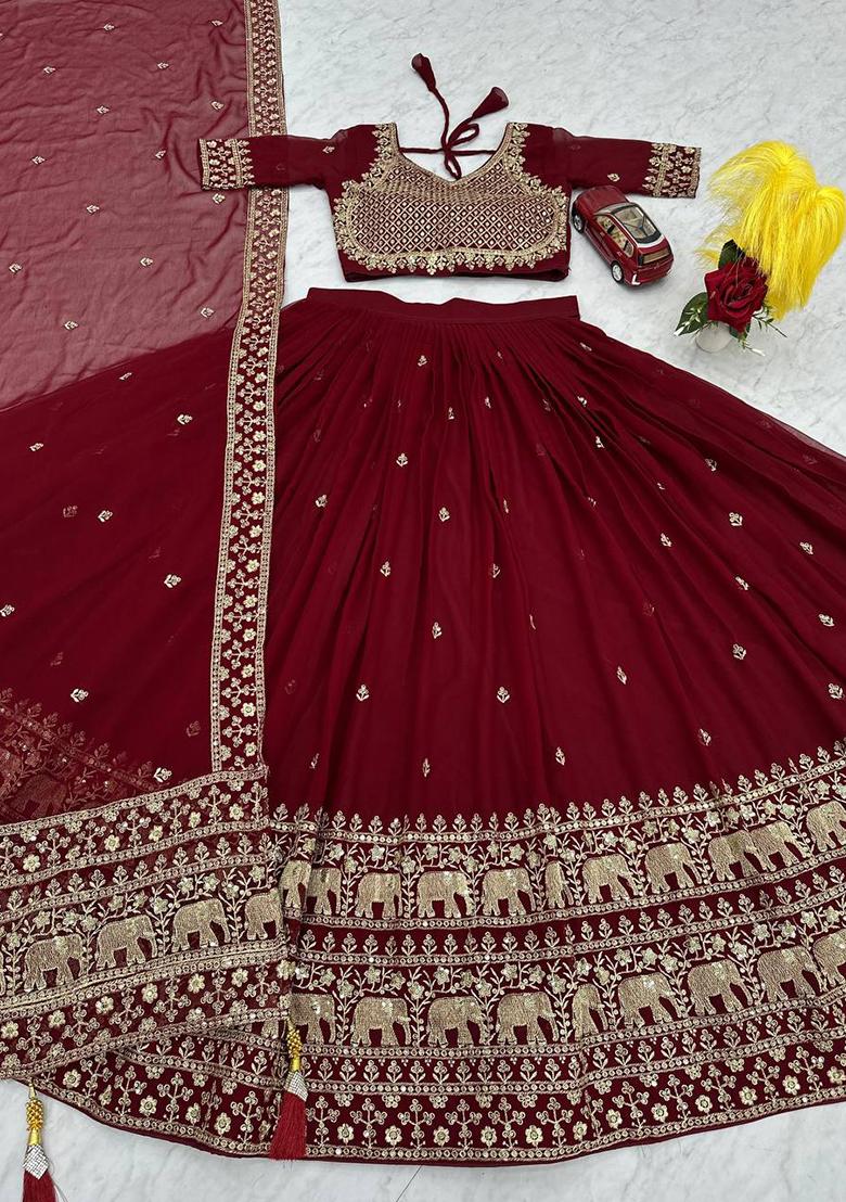 Maroon Embroidered Georgette Lehenga Set With Dupatta