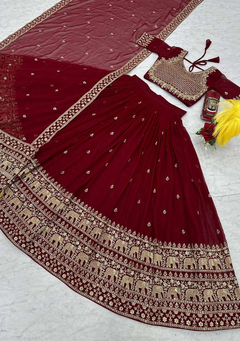 Maroon With Dupatta Georgette Lehenga Set with Embroidered for Diwali | Wedding & Festive Wear - Indya