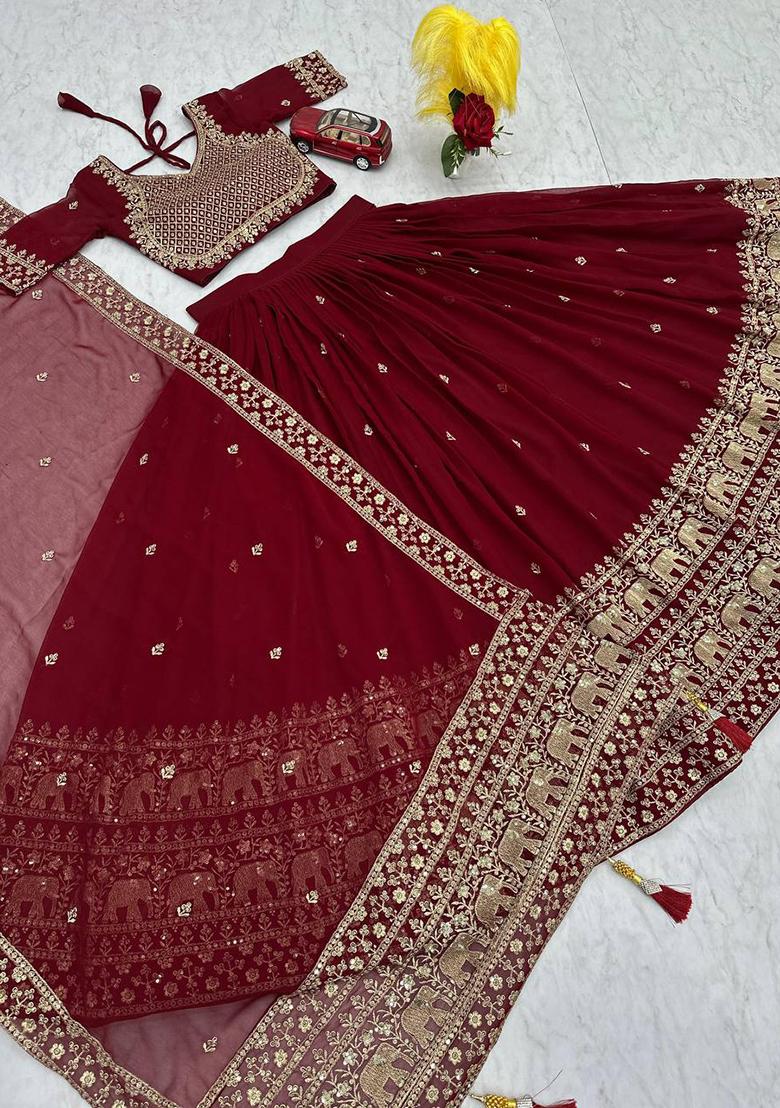 Maroon Embroidered Georgette Lehenga Set With Dupatta