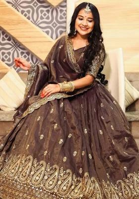 Coffee Embroidered Chinon Lehenga Set With Dupatta