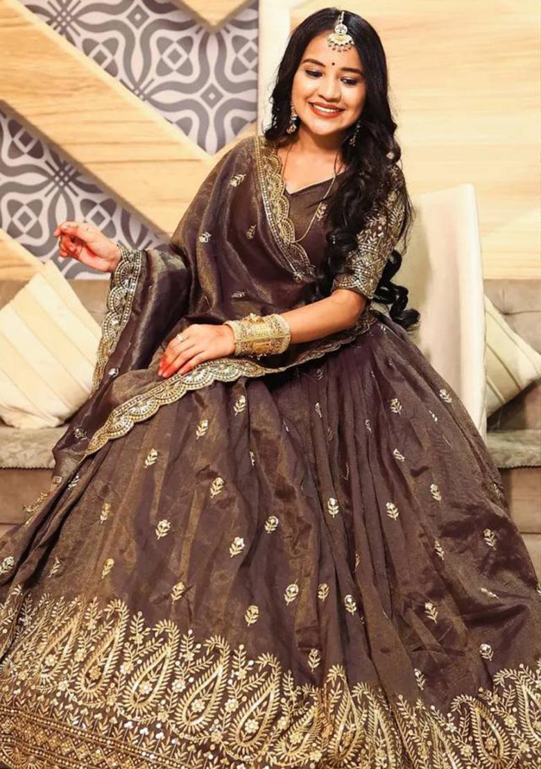 Coffee Embroidered Chinon Lehenga Set With Dupatta