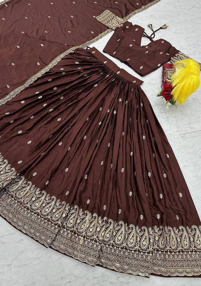 Coffee Embroidered Chinon Lehenga Set With Dupatta