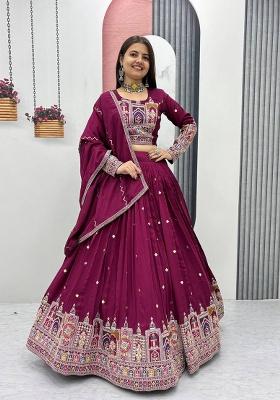 Wine Embroidered Vichitra Lehenga Set With Dupatta