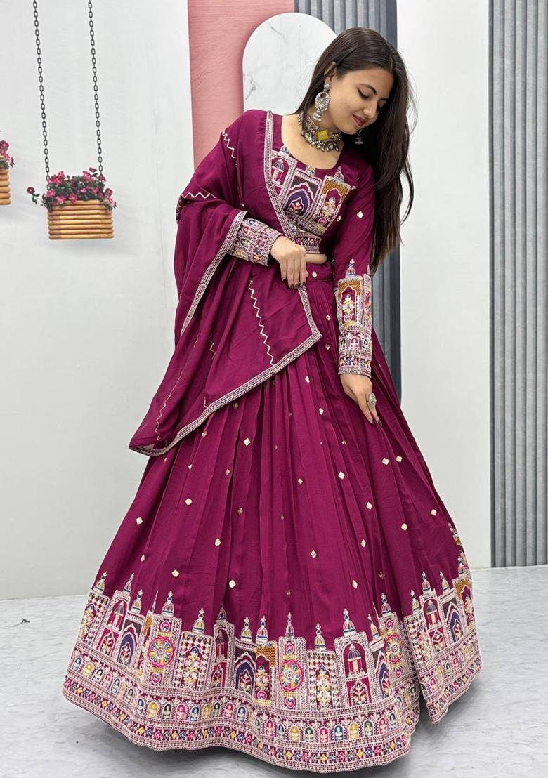 Wine Embroidered Vichitra Lehenga Set With Dupatta