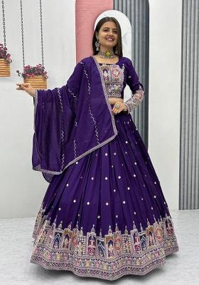 Royal Blue Embroidered Vichitra Lehenga Set With Dupatta