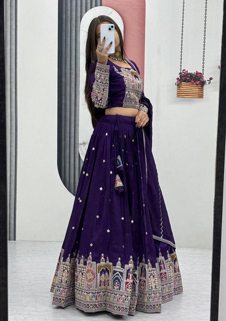 Royal Blue Embroidered Vichitra Lehenga Set With Dupatta