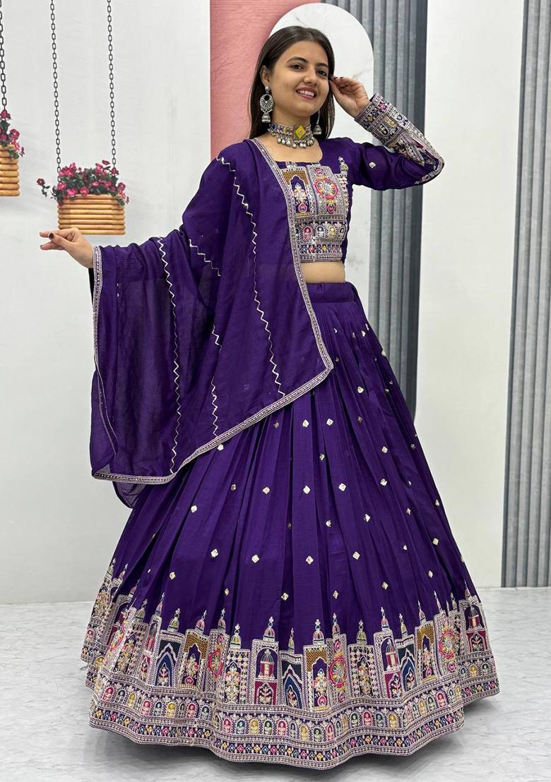 Royal Blue Embroidered Vichitra Lehenga Set With Dupatta