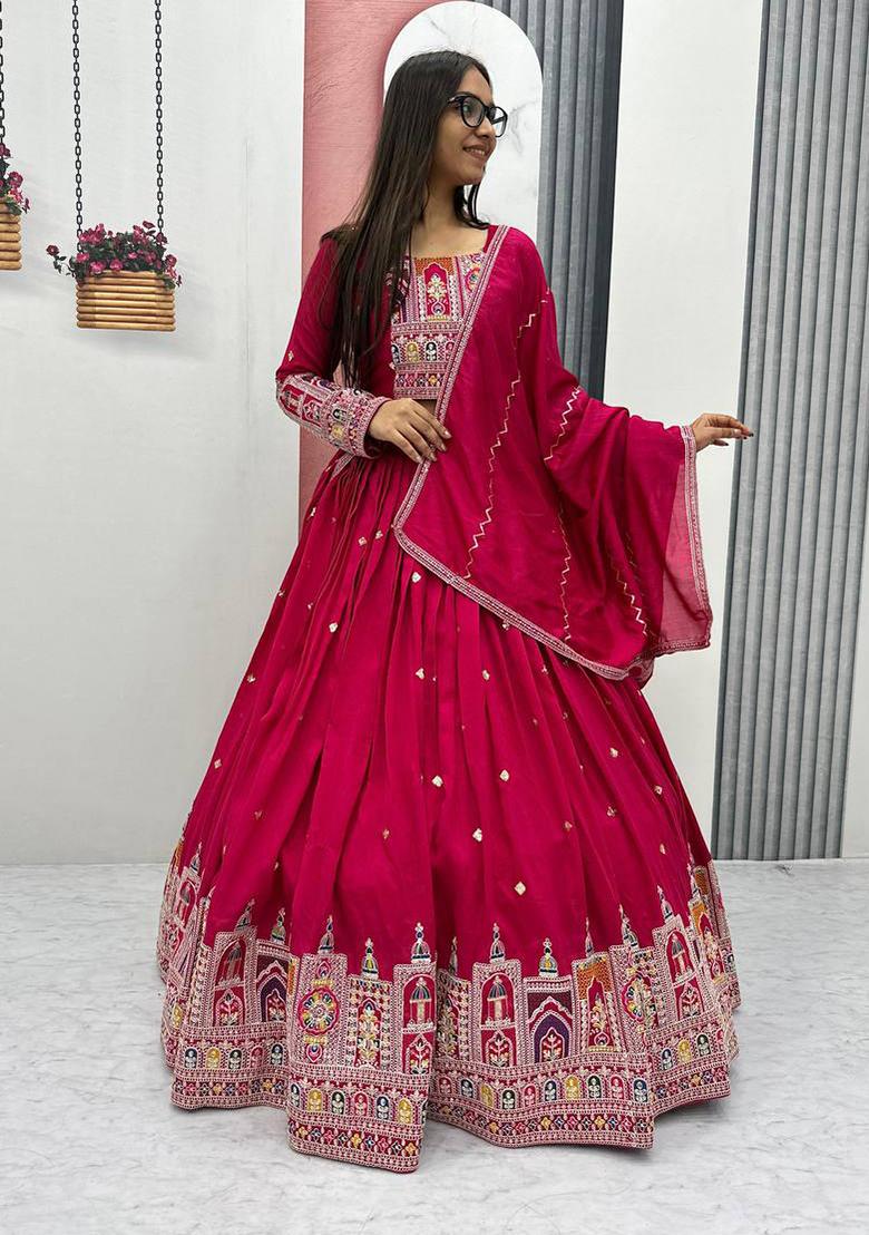 Pin Embroidered Vichitra Lehenga Set With Dupatta