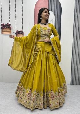 Musterd Embroidered Vichitra Lehenga Set With Dupatta