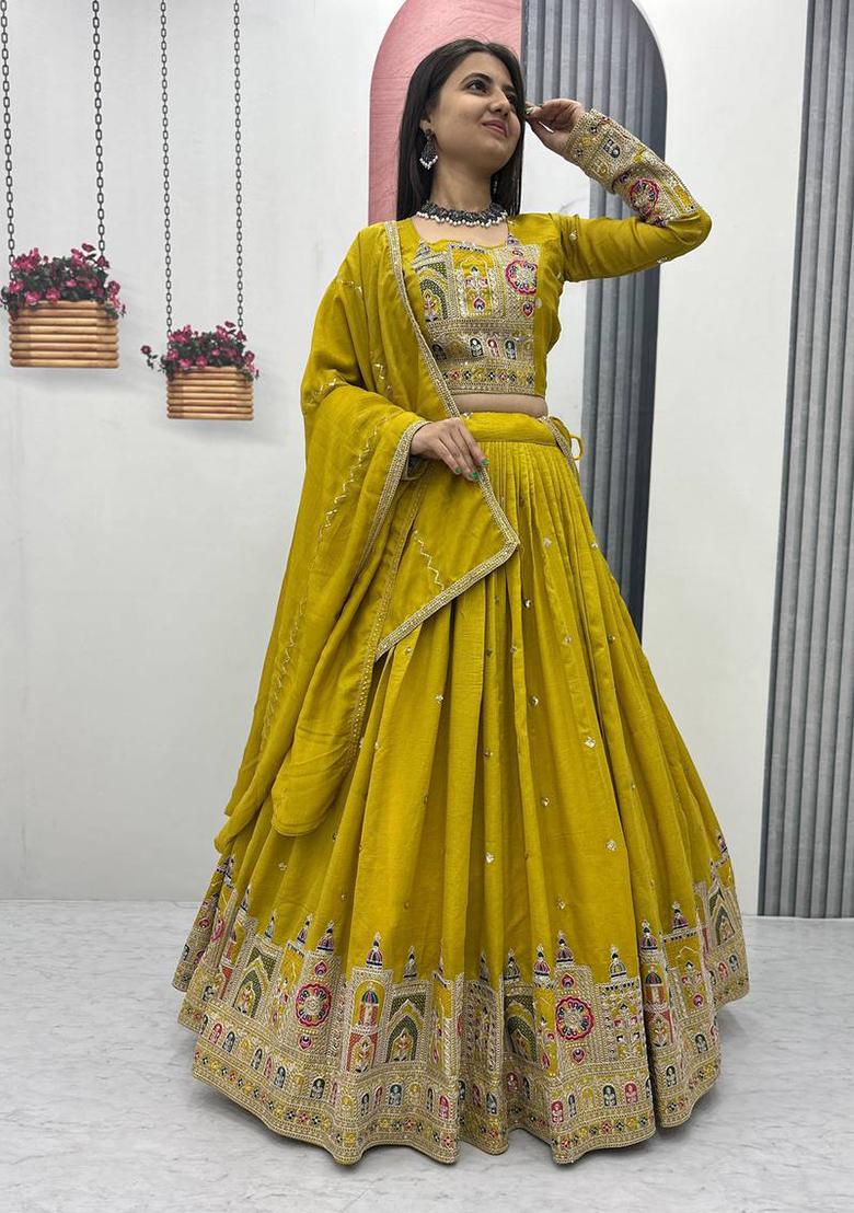 Musterd Embroidered Vichitra Lehenga Set With Dupatta