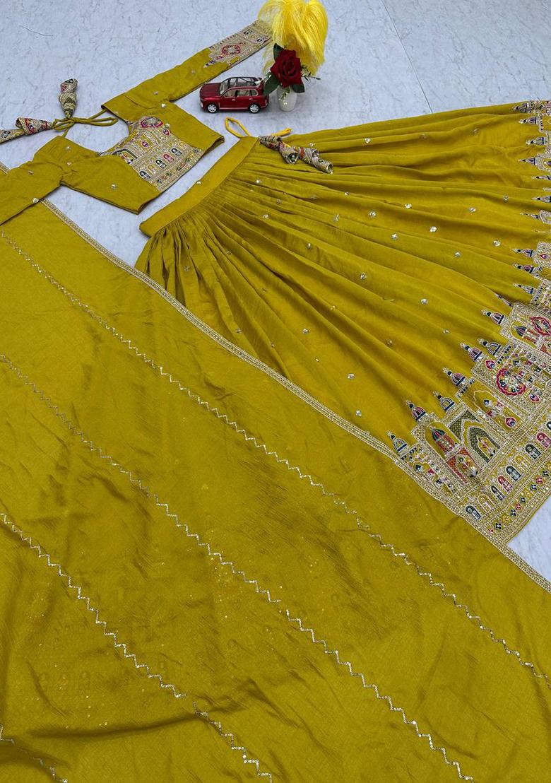 Musterd Embroidered Vichitra Lehenga Set With Dupatta