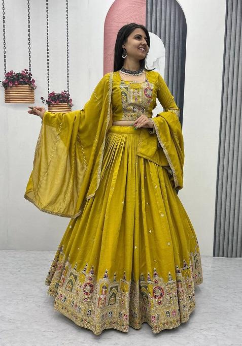 Musterd Embroidered Vichitra Lehenga Set With Dupatta