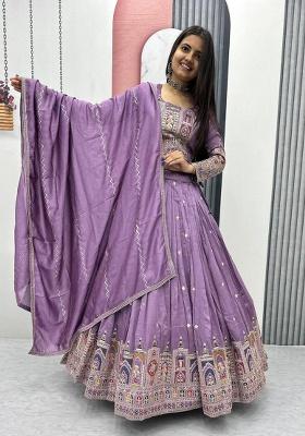 Lavender Embroidered Vichitra Lehenga Set With Dupatta