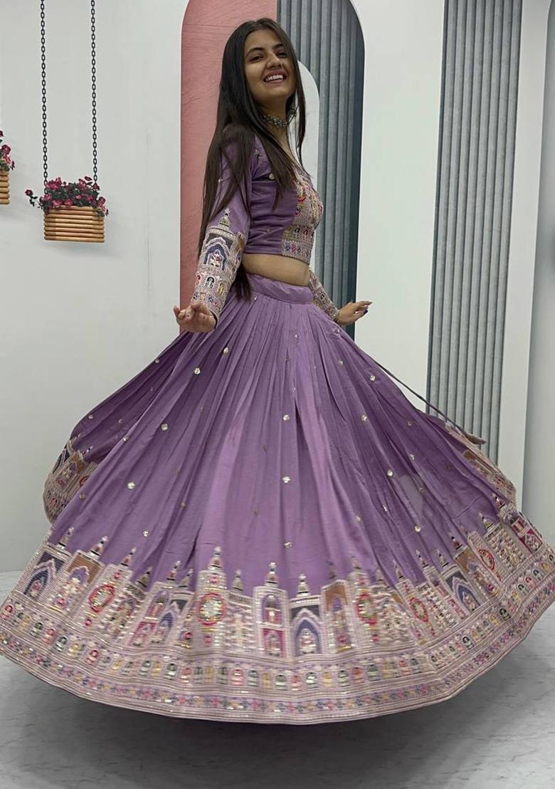 Lavender Embroidered Vichitra Lehenga Set With Dupatta