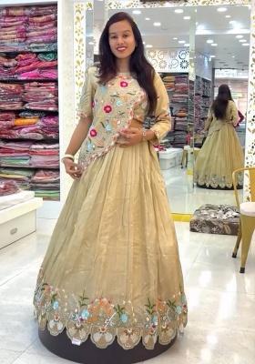 Cream Embroidered Poly Blended Lehenga Set With Dupatta