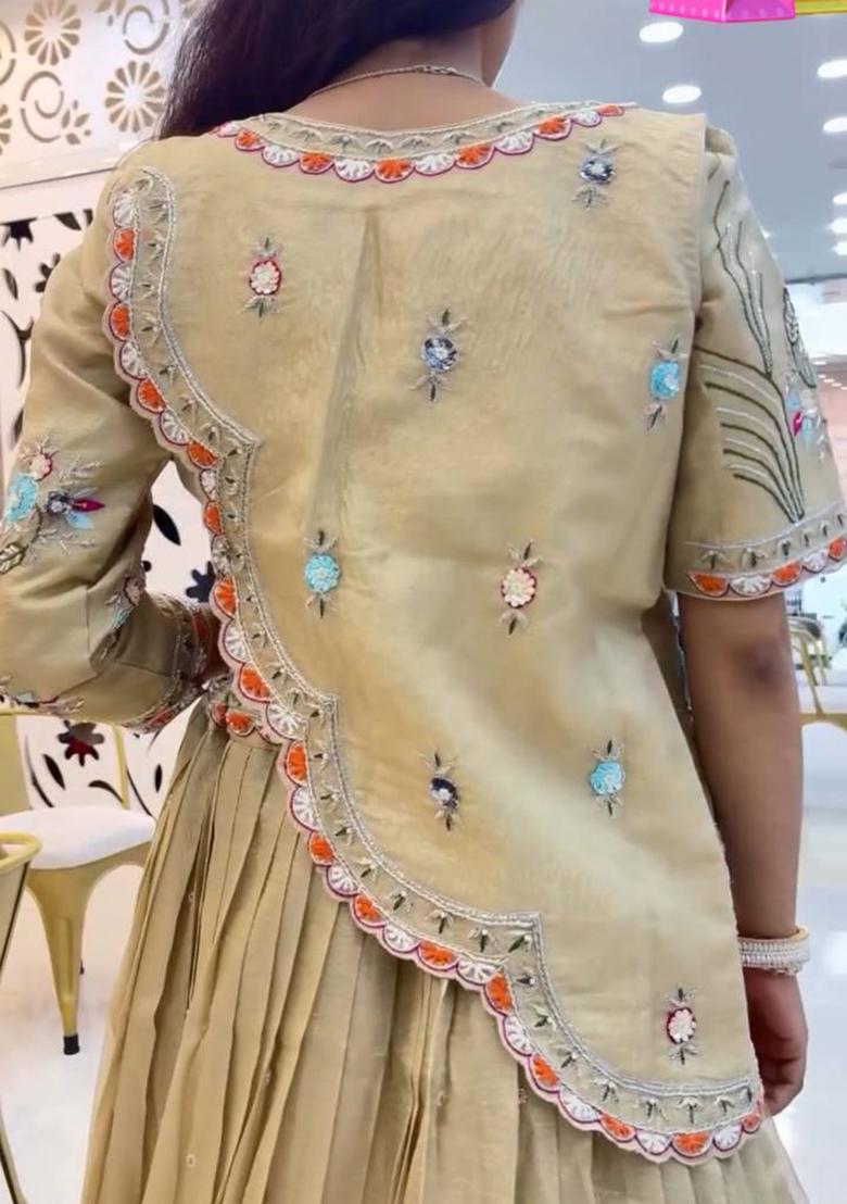 Cream Embroidered Poly Blended Lehenga Set With Dupatta