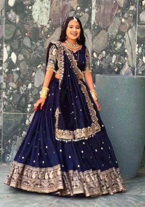Blue Embroidered Georgette Lehenga Set With Dupatta