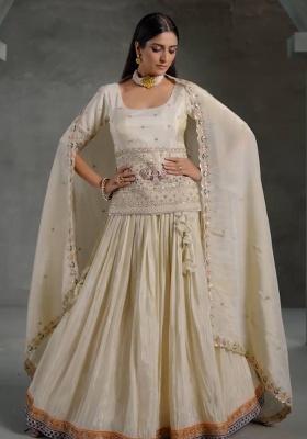 Cream Embroidered Chinon Lehenga Set With Dupatta