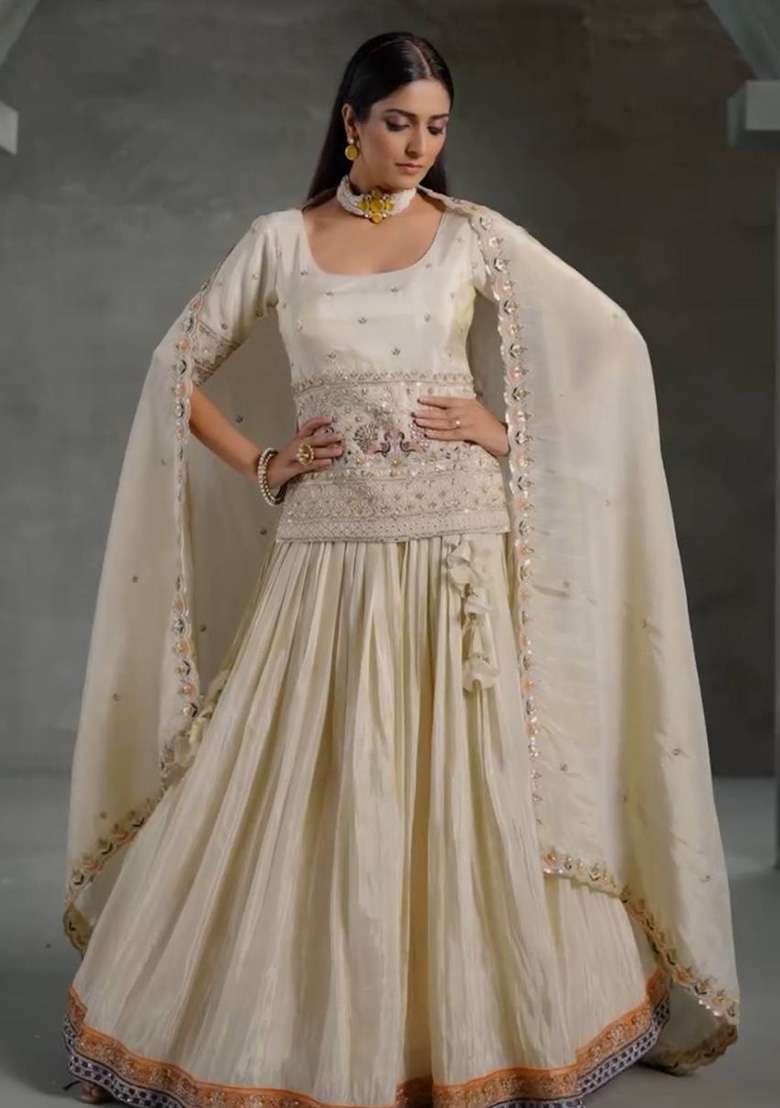 Cream Chinon With Dupatta Lehenga Set with Embroidered for Diwali | Wedding & Festive Wear - Indya