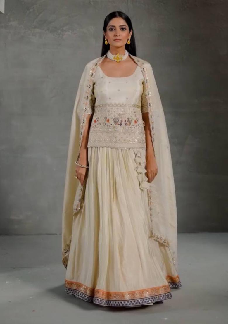 Cream Embroidered Chinon Lehenga Set With Dupatta