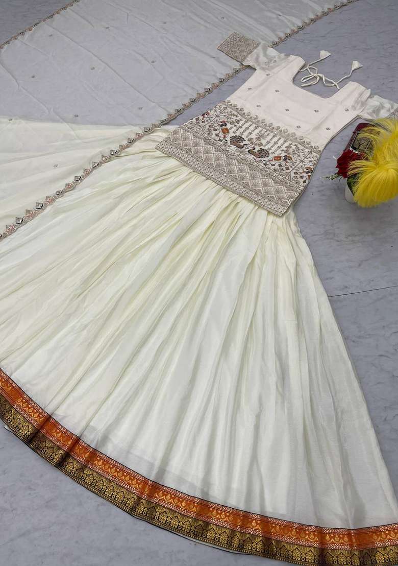 Cream Chinon With Dupatta Lehenga Set with Embroidered for Diwali | Wedding & Festive Wear - Indya