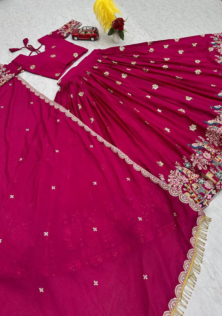 Cream Embroidered Chinon Lehenga Set With Dupatta