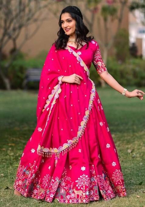 Cream Embroidered Chinon Lehenga Set With Dupatta