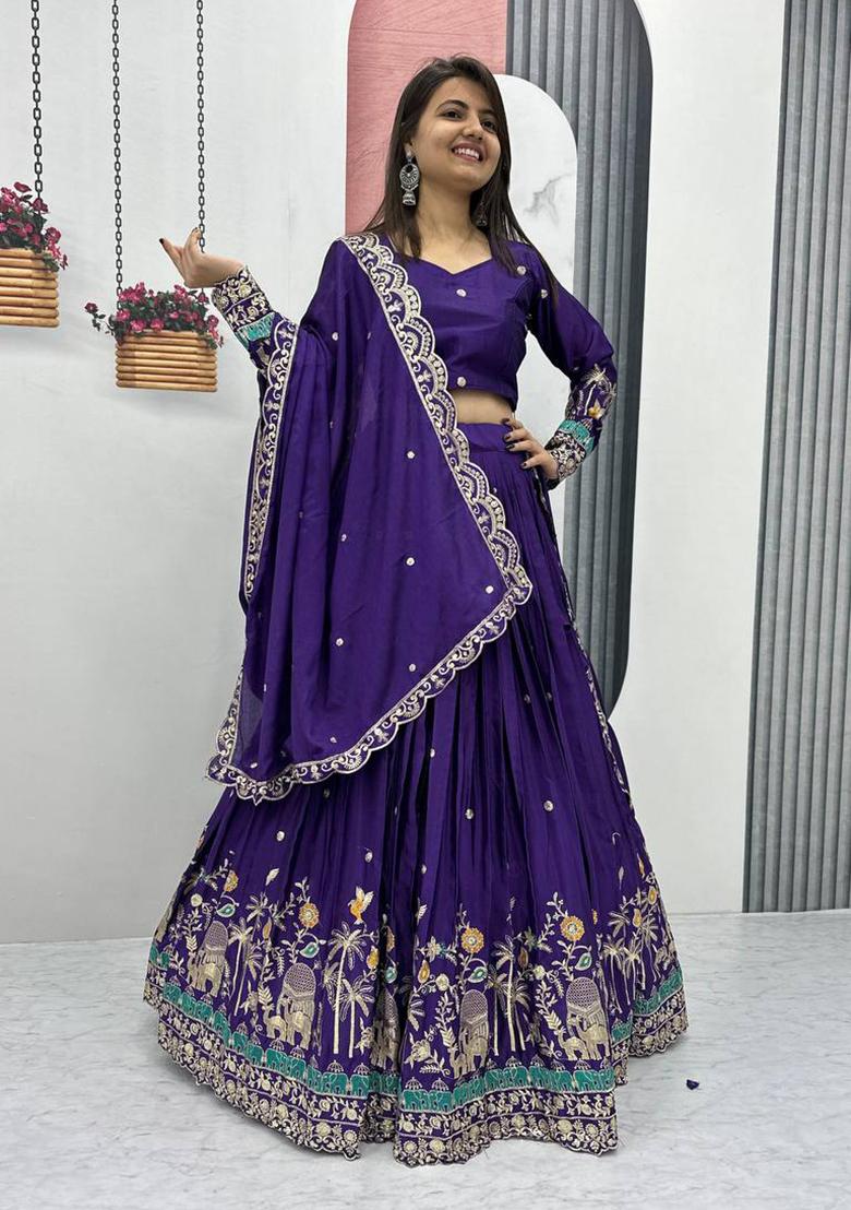 Royal Blue Embroidered Chinon Lehenga Set With Dupatta