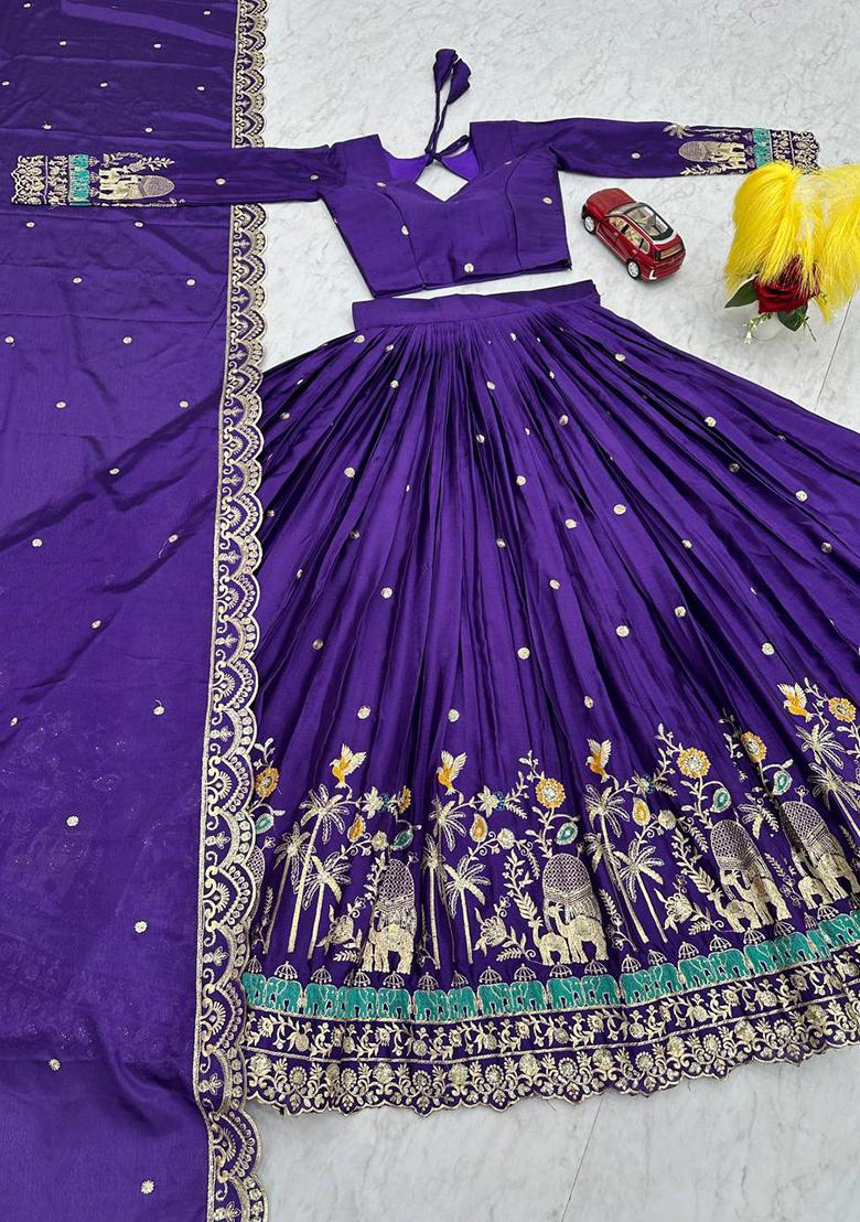 Royal Blue Embroidered Chinon Lehenga Set With Dupatta