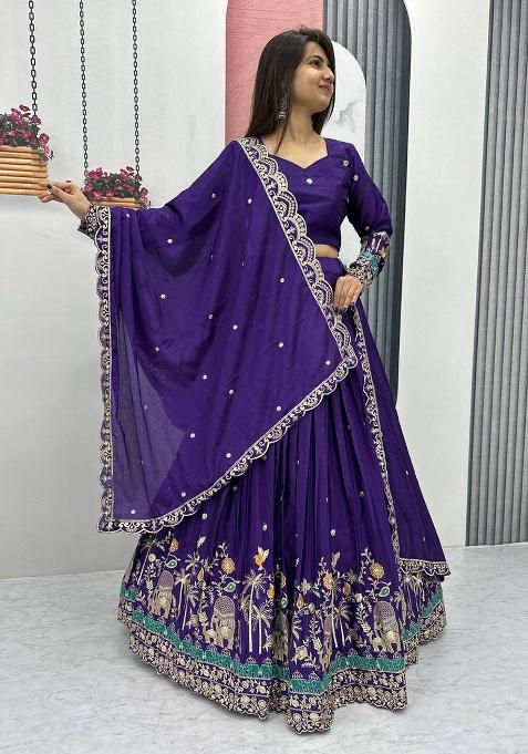 Royal Blue Embroidered Chinon Lehenga Set With Dupatta