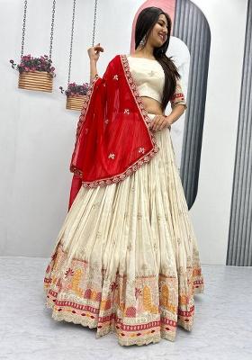 Cream Embroidered Tissue Lehenga Set With Dupatta