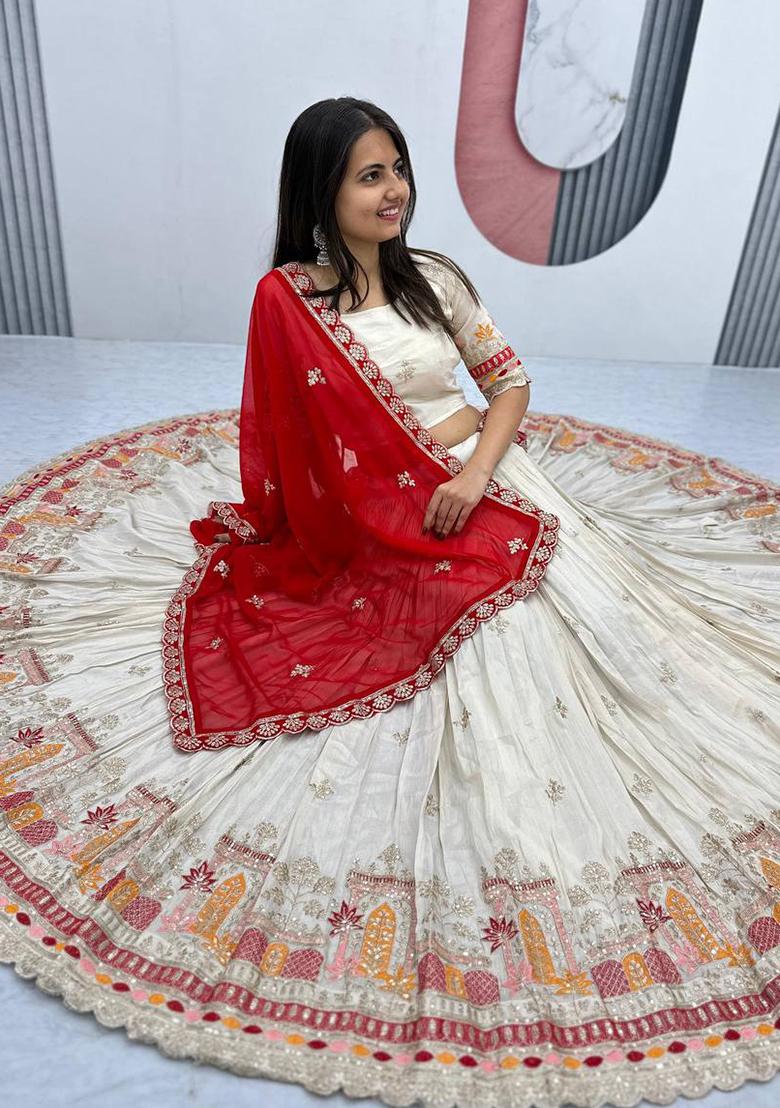 Cream Embroidered Tissue Lehenga Set With Dupatta