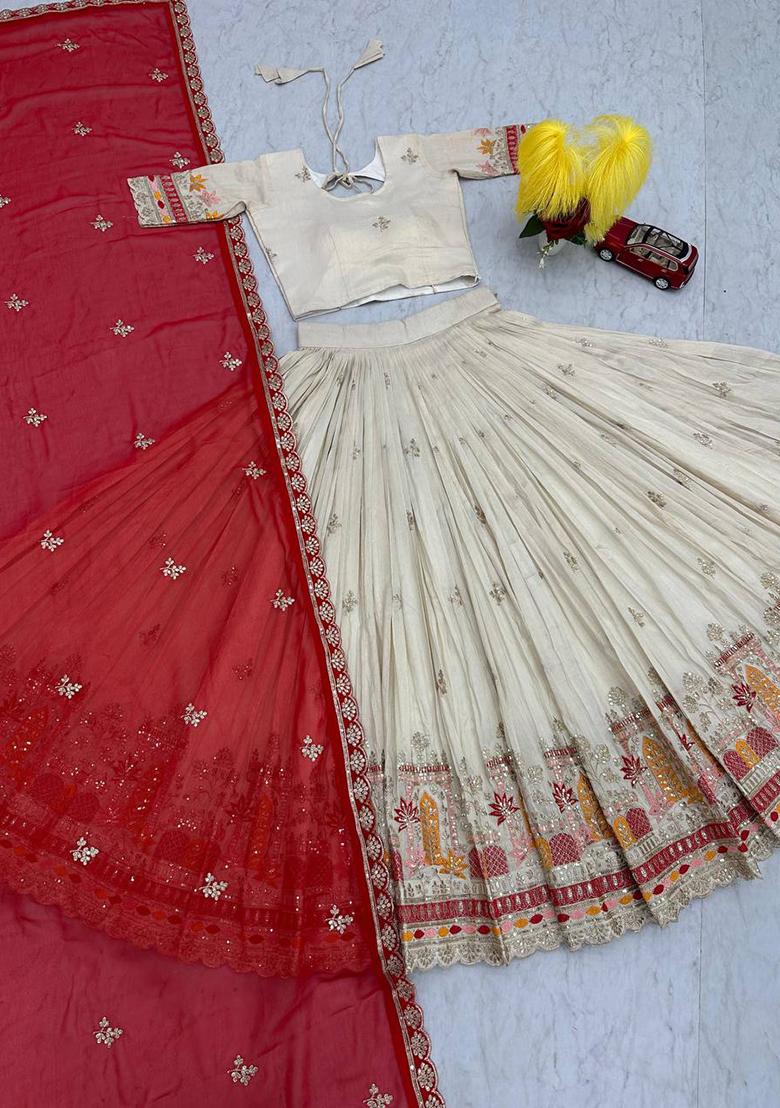 Cream Embroidered Tissue Lehenga Set With Dupatta