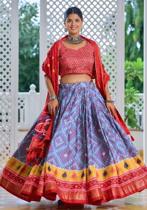 Multi Embroidered Silk Lehenga Set With Dupatta
