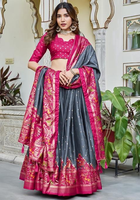 Multi Embroidered Silk Lehenga Set With Dupatta