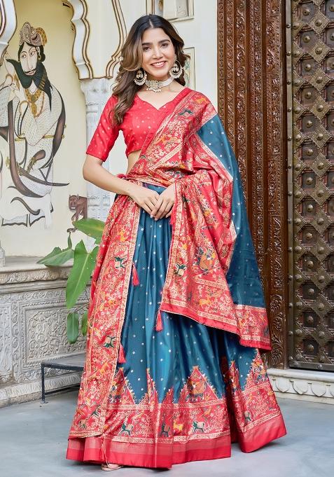 Multi Embroidered Silk Lehenga Set With Dupatta