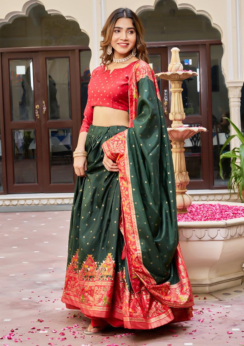 Multi Embroidered Silk Lehenga Set With Dupatta