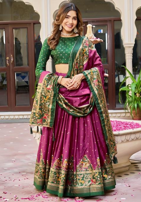 Multi Embroidered Silk Lehenga Set With Dupatta