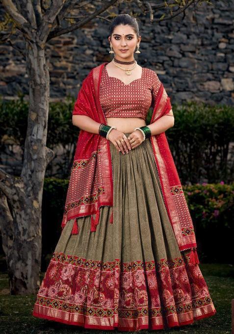 Multi Embroidered Silk Lehenga Set With Dupatta