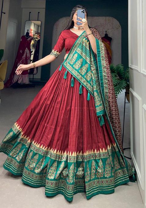 Multi Embroidered Silk Lehenga Set With Dupatta