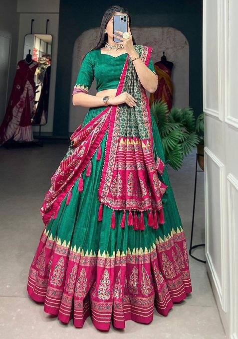 Multi Embroidered Silk Lehenga Set With Dupatta