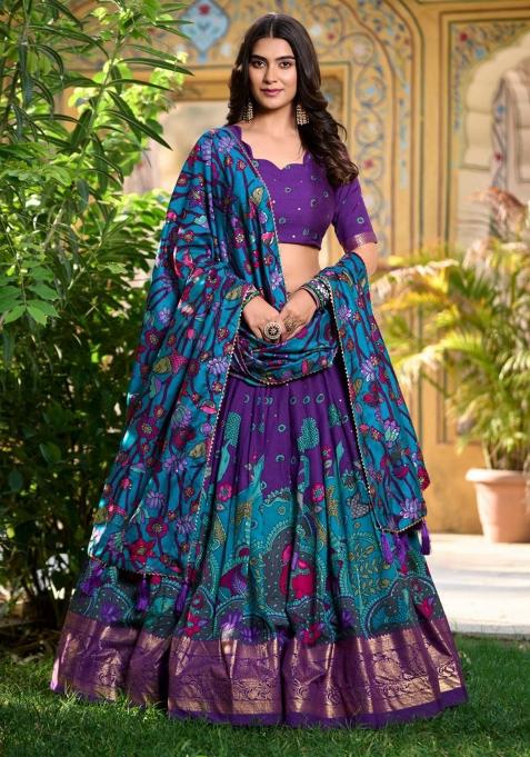 Multi Embroidered Silk Lehenga Set With Dupatta
